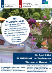 Einladungsplakat zum Frauenmahl, eine Veranstaltung der Evangelische Frauen im Rheinland, Weiterbildung Evangelische Frauenhilfe im Rheinland und dem Ev. Familien- und Erwachsenenbildungswerk Oberhausen